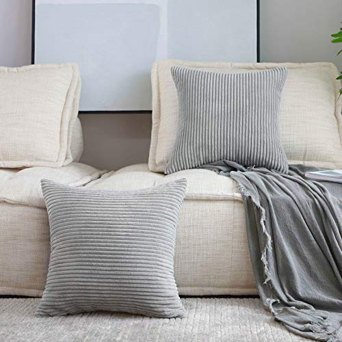 Book Cover Home Brilliant Throw Pillow Covers 18 x 18 Set of 2 Striped Velvet Corduroy Gray Couch Pillow Covers Decorative Pillows for Couch Chair Bed, 18x18 inch, Light Grey