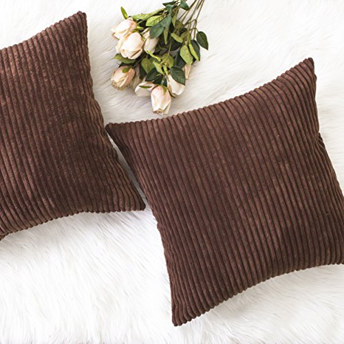 Book Cover Home Brilliant Decor Solid Plush Velvet Striped Square Throw Fall Pillow Cushion Covers Decorative, Set of 2, 18x18 inches (45cm), Brown