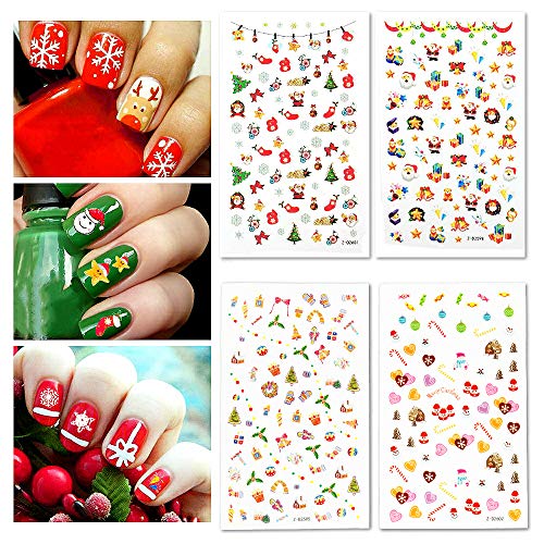 Fanme Christmas Nail Stickers 3D Nail Art Tattoo Decals DIY Nail Art Decoration Self-adhesive Tip Stickers 4Sheets (Christmas)