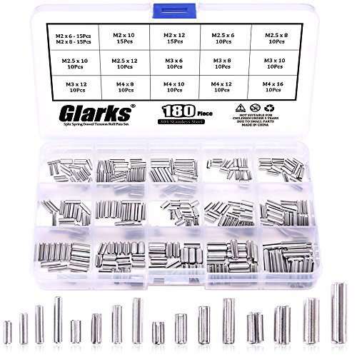 Glarks 180Pcs M2 M2.5 M3 M4 Slotted Spring Pin Assortment Kit, Split Spring Dowel Tension Roll Pins - 304 Stainless Steel