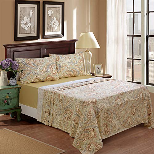 Book Cover Softta Luxury Paisley Pattern 100% Cotton Deep Pocket 4Pc Bed Sheet Set 800 Thread Count King Size,Khaki