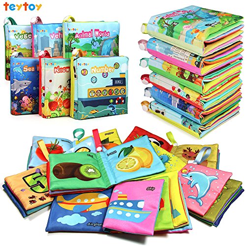 Book Cover teytoy My First Soft Book, Nontoxic Fabric Baby Cloth Books Early Education Toys Activity Crinkle Cloth Book for Toddler, Infants and Kids Perfect for Baby Shower -Pack of 6