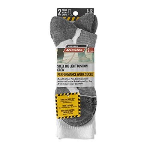 Dickies Genuine Men's 2 Pair Steel Toe Light Cushion Crew Performance Work Socks 6-12 - White