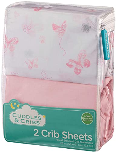 Cuddles & Cribs 2 Pack GOTS Certified Organic Cotton Fitted Crib Sheet - Pink, Butterfly