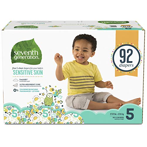 Seventh Generation Baby Diapers for Sensitive Skin, Animal Prints, Size 5, 92 count (Packaging May Vary)