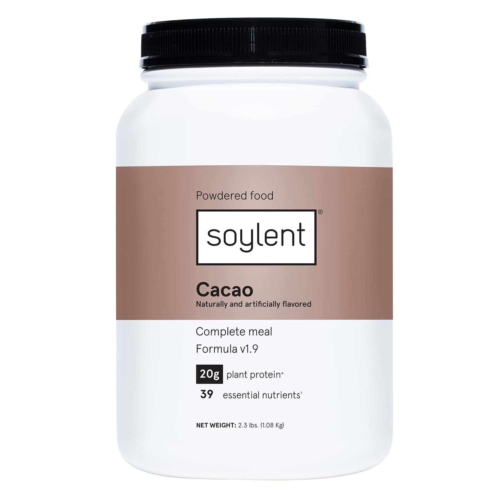 Book Cover Soylent Complete Nutrition Meal Replacement Protein Powder, Cacao - Plant Based Vegan Protein, 39 Essential Nutrients - 36.8oz Cacao 36.8 Ounce (Pack of 1)