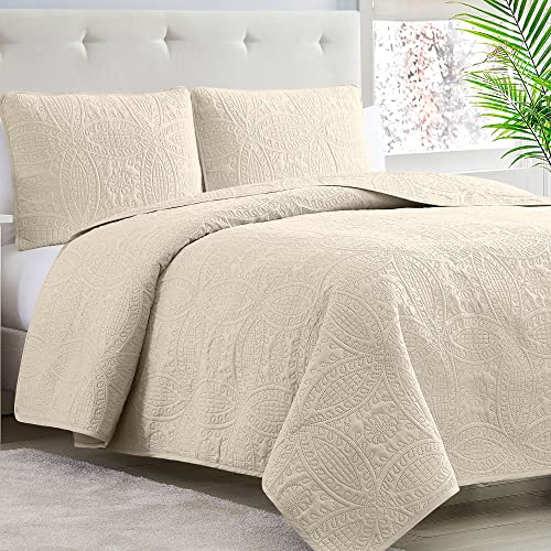 Mellanni Full/Queen Bedspread Coverlet Set - Bedding Cover with Shams - Ultrasonic Quilting Technology - 3 Piece Oversized Full/Queen Quilt Set - Bedspreads & Coverlets (Full/Queen, Beige)