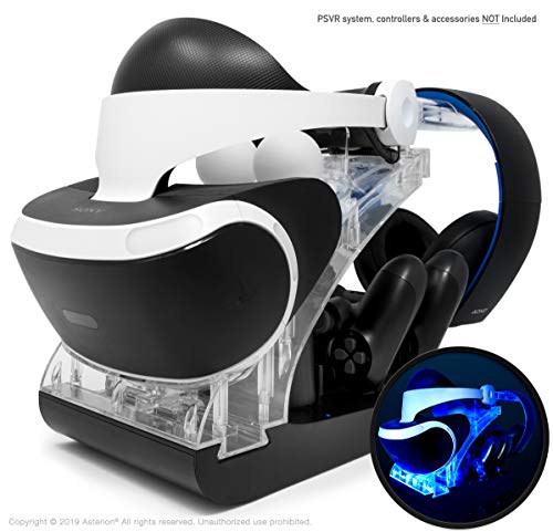 Book Cover PSVR Charging Stand with Optional Illumination by Asterion Products - Rapid AC Charger Display holds the PlayStation VR Headset, (2) DualShock 4, (2) Move Controllers & Headphones