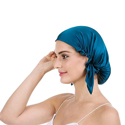 Book Cover Savena 100% Mulberry Silk Night Sleeping Cap X-Large Size for Thick and Long Hair Bonnet Hat Smooth Soft Many Colors, Hair Care Ebook Included (Black)