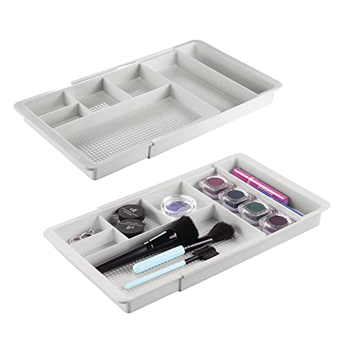 mDesign Adjustable/Expandable Plastic Drawer Organizer Tray for Bathroom Vanity, Countertop for Makeup Brushes, Eye Shadow Palettes, Lipstick, Gloss - 7 Compartments - 2 Pack - Light Gray