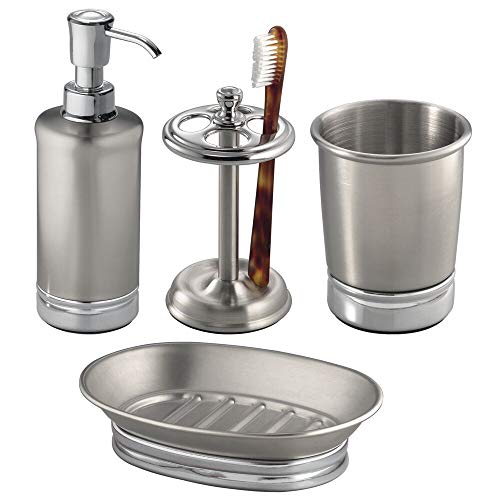 mDesign Metal Bathroom Vanity Countertop Accessory Set - Includes Refillable Soap Dispenser, Divided Toothbrush Stand, Tumbler Rinsing Cup, Soap Dish - 4 Pieces - Bronze