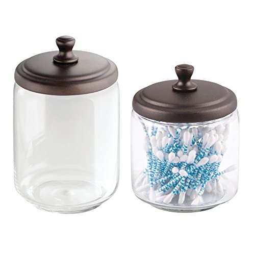 Book Cover mDesign Modern Glass Bathroom Vanity Countertop Storage Organizer Canister Apothecary Jar for Cotton Swabs, Rounds, Balls, Makeup Sponges, Blender, Bath Salts - 2 Pack - Clear/Bronze