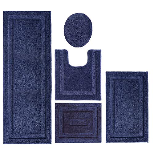 Book Cover mDesign Fluffy Soft Microfiber Contour Rug, Toilet Seat Cover, and Shower Accent Bathroom Mats Rugs Combo Pack - Set of 5, Navy
