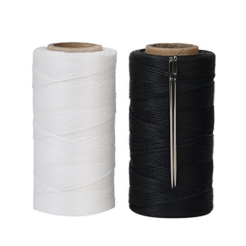Book Cover Tenn Well Waxed Thread for Leather Sewing, 2PCS x 284 Yards 150D 1mm Flat Wax Sail Thread Kit with Needles for Leather Projects, Book Binding (Black, White)