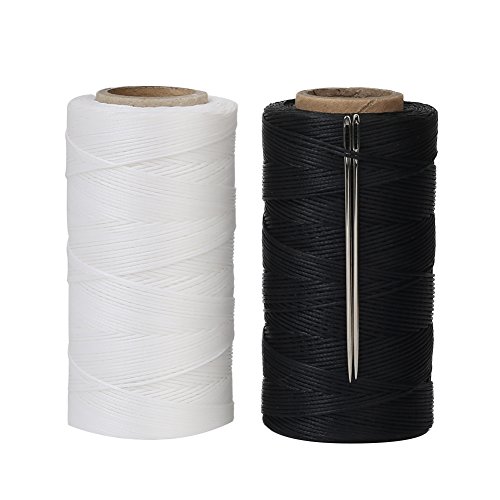 Tenn Well Waxed Thread for Leather Sewing, 2PCS x 284 Yards 150D 1mm Flat Wax Sail Thread Kit with Needles for Leather Projects, Book Binding (Black, White)