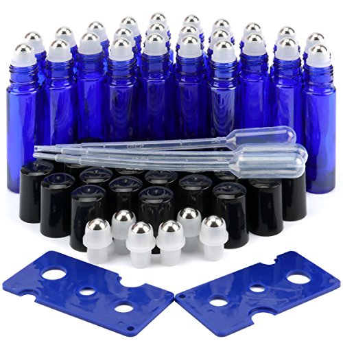 Glass Roller Bottles, 24 Pack 10 ml Cobalt Blue Essential Oil Roller Bottles with Stainless Steel Roller Balls (3 Dropper, 6 Extra Roller Balls, 2 Bottle Opener)