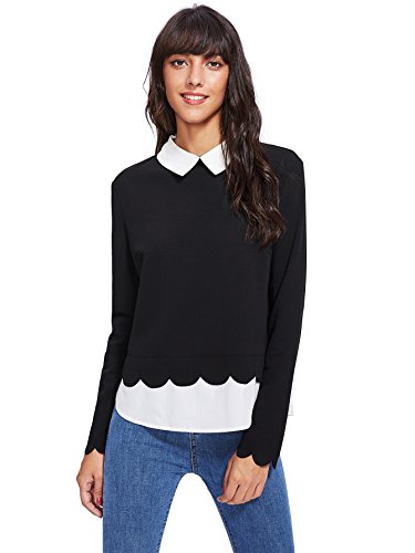 Floerns Women's Contrast Collar Hem Long Sleeve Blouse Top