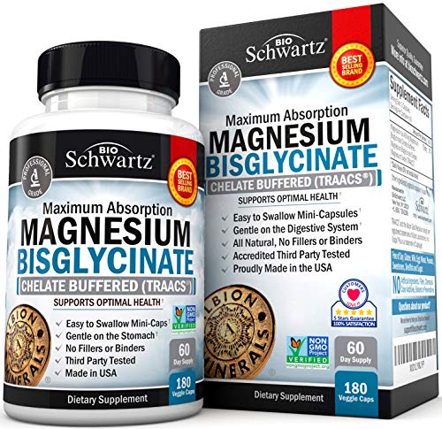 Magnesium Bisglycinate 100% Chelate No-Laxative Effect. Maximum Absorption & Bioavailability, Fully Reacted & Buffered. Sleep, Energy, Stress & Anxiety, Leg Cramps, Headaches. Non-GMO Project Verified
