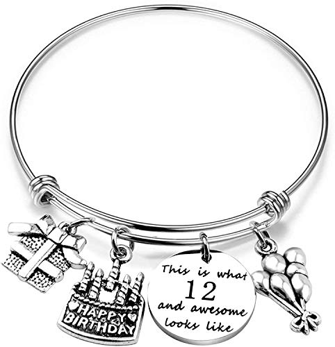 Book Cover ENSIANTH Birthday Gift for Her Adjustable Birthday Bracelet Bangle with Birthday Cake Charm,12th Sweet 16th 18th 21st 30th 39th 40th Bangle gift (12th Birthday)