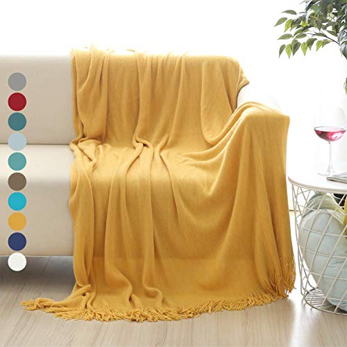 ALPHA HOME Throw Blanket 50x60 Warm Acrylic Knit Bed Blanket Summer Air-Conditioned Blanket Decorative Blanket Tassel Solid Color Soft Blanket for All Seasons Valentine's Day Machine Washable Gold