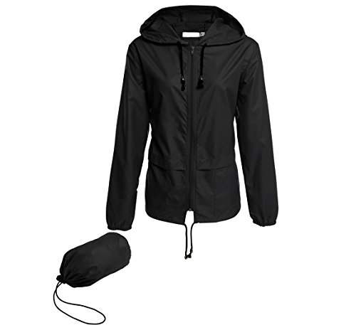 Hount Women's Lightweight Hooded Raincoat Waterproof Packable Active Outdoor Rain Jacket (Black, XL)