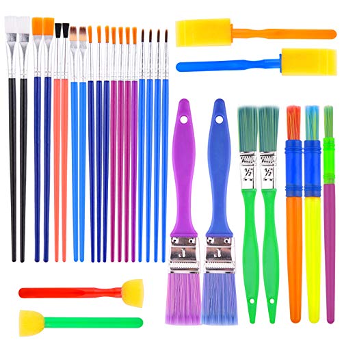 BTNOW 30 Pieces Kids Paint Brushes Colorful Artist Paint Brush Set Assorted Sizes for Watercolor, Oil, Acrylic & Tempra Paints and More