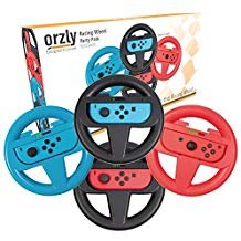 Book Cover Orzly Nintendo Switch Steering Wheel, FOUR PACK, for Mario Kart 8 Deluxe Nintendo Switch, Mariokart Switch Steering Wheel (Joycon Controller Attachments) (2x Black Wheels, 1x Blue Wheel, 1x Red Wheel)