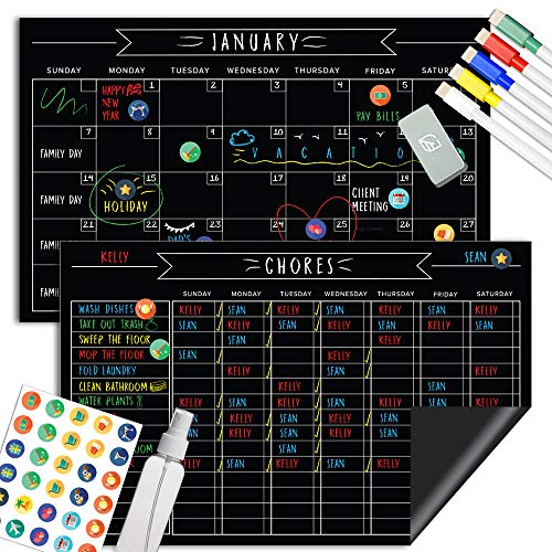 Magnetic Chore Chart Chalkboard & Reusable Dry Erase Calendar Set – Organizational Reward Planner - Family Planning Board - Kids Responsibility Reward Cleaning Chart – 11” x 17” (Lushleaf Designs)