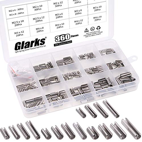 Glarks 360Pcs M2 M2.5 M3 M4 Slotted Spring Pin Assortment Kit, Split Spring Dowel Tension Roll Pins - 304 Stainless Steel