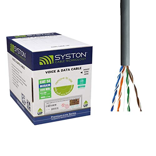 Cat5e Bulk Cable 500ft Pure Copper, Outdoor / Indoor Heat Resistant, Solid 350Mhz, 24AWG, UTP, Riser Rated CMR, Gray by Syston Cable