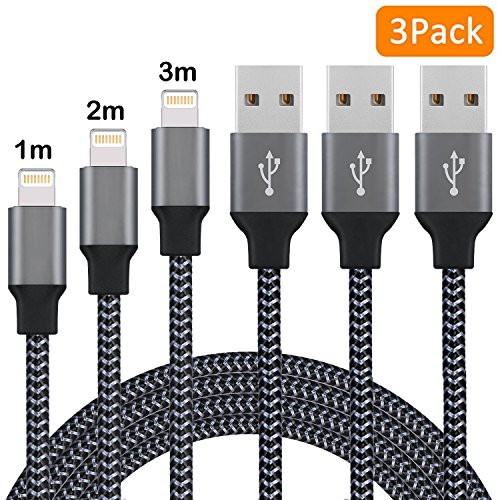 Cable iPhone Chargeur iPhone Vers USB-[Lot de 3, 1m+2m+3m] Cable Lightning en Nylon Tressé Robuste avec Connecteur Ultra Résistant en Aluminium pour iPhone XS/X/8/7/6/5, iPad Pro/Air/Mini