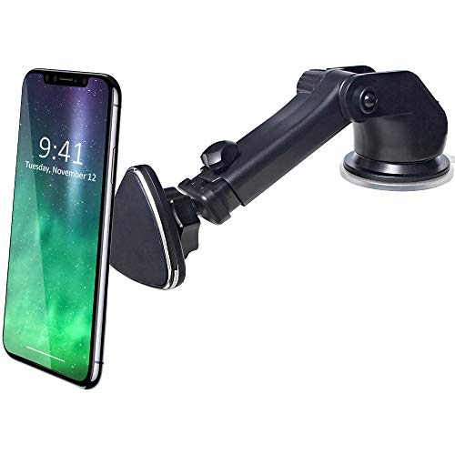 CRage Magnetic Phone Car Mount Holder Stand for Dashboard Windshield, Strong Magnet Extendable Long Arm Sticky Gel Suction Cup, Fits Apple iPhone X 8 7 6s Plus Samsung Galaxy S8 S7 S6 etc, Black