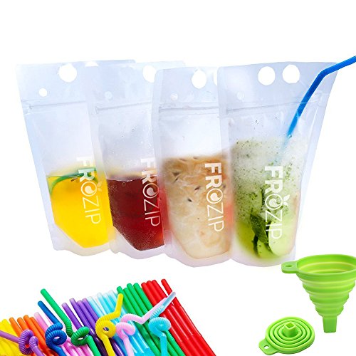 Book Cover Deluxe 50-Pcs Disposable Drink Container Set By FroZip â€“ Drink Pouches W/ Gusset Bottom & Reclosable Zipper For Cold & Hot Drinks â€“ Non-Toxic, BPA & Phthalate Free â€“ 50 Straws & Funnel Included