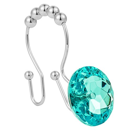Stainless Steel Rust Resistant Double Hooks Glide Shower Ring Hangs for Both Shower Curtain and Liner 12-Pack (Aqua Blue)
