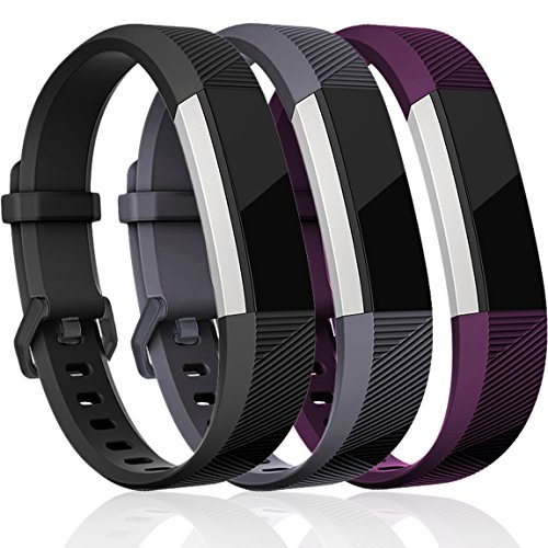 Book Cover Maledan Replacement Bands Compatible for Fitbit Alta, Alta HR and Fitbit Ace, Classic Accessories Band Sport Strap for Fitbit Alta HR, Fitbit Alta and Fitbit Ace, 3 Pack, Black/Gray/Plum, Large