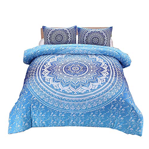 Book Cover Meeting Story 3Pcs Mandala Bohemian Moonlight Bedding Bedspread Comforter Set (Blue, Queen)
