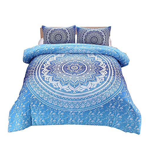 Meeting Story 3Pcs Mandala Bohemian Moonlight Bedding Bedspread Comforter Set (Blue, Queen)