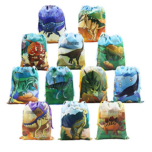Book Cover BeeGreen Dinosaur Party Supplies Favors Bags for Kids Boys and Girls Birthday 12 Pack Dinosaur Drawstring Gift Pouch for Goody Halloween Thanks Giving Christmas Party Gift for Children Kids