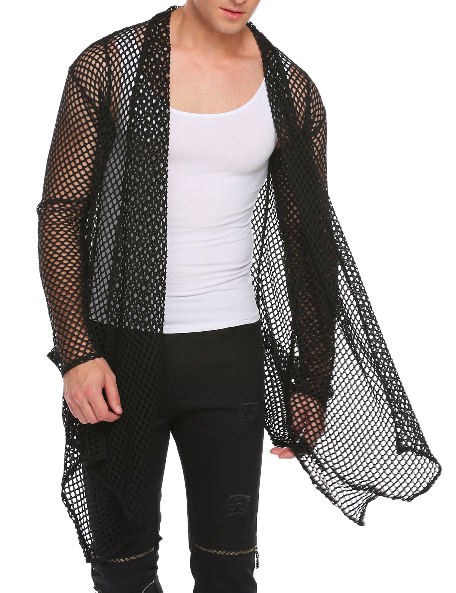 Coofandy Men's Shawl Collar Long Sleeve Cardigan Fish Net Open Front Shirt