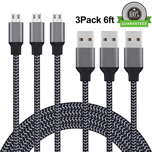 Book Cover Micro USB Cables, 3Pack 6ft Premium Super-Durable High Speed Sync & Charge Cable for Android Smartphones, Tablets, MP3 and More(Carbon Black)