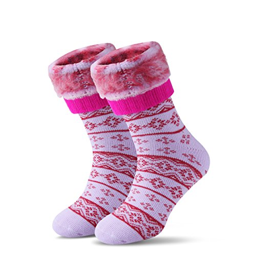 Womens Men Winter Warm Wool Pile Lined Insulated Thermals Socks Thick Boots Heat Socks Cold Weather (Snowflake Purple, M/Mens 4-8; Womens 6-12)