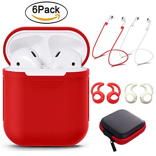 YUPING AirPods Case Silicone Protective Cover,2 Anti-Lost Strap,2 Pairs of Ear Hook,1 Headphone Case Compatible Apple AirPods (6PACK)-Red