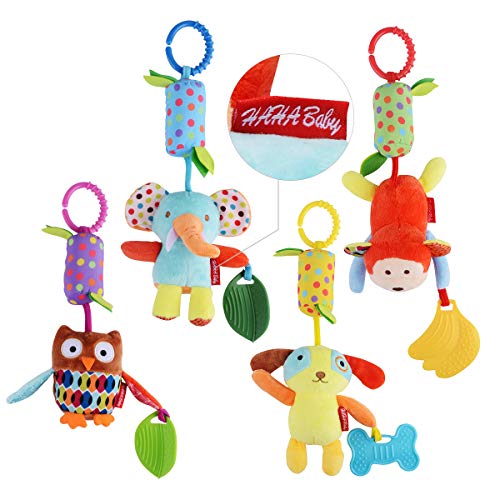 Book Cover HAHA Baby Toys for 0 3 6 9 to 12 Months, Soft Hanging Crinkle Squeaky Sensory Learning Toy Infant Newborn Stroller Car Seat Crib Travel Activity Plush Animal Wind Chime with Teether for Boys Girls