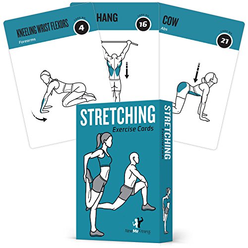 Book Cover NewMe Fitness Stretching Flexibility Exercise Cards - 50 Stretching Exercises - Increase Flexibility - Prevent Muscle Strains, Promote Circulation + Speed up Recovery Time - Large, Durable Cards