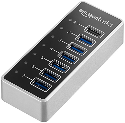 AmazonBasics USB-A 3.1 7-Port Hub with Power Adapter - 36W Powered (12V/3A), Silver