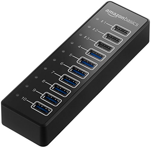 AmazonBasics USB-A 3.1 10-Port Hub with Power Adapter - 65W Powered (20V/3.25A), Black