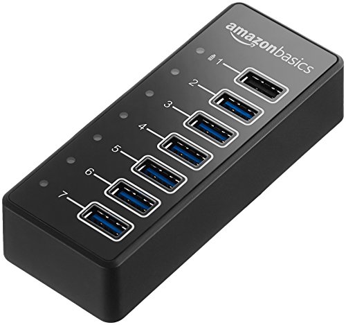 Amazon Basics USB-A 3.1 7-Port Hub with Power Adapter - 36W Powered (12V/3A), Black