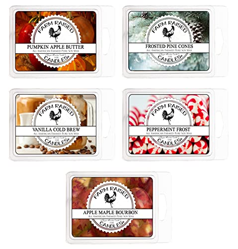 5 Pack Soy Wax Warmer Melts - Assortment - 1 LB of Wax - 100% Plant-Based Soy All American Made - Apple Butter, Frosted Pine, Maple Bourbon, Vanilla Brew, Peppermint.