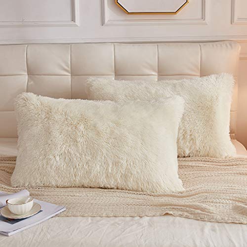 Book Cover LIFEREVO 2 Pack Shaggy Plush Faux Fur Decorative Throw Pillow Cover Velvety Soft Cushion Case 18 x 18 Inch, Light Beige