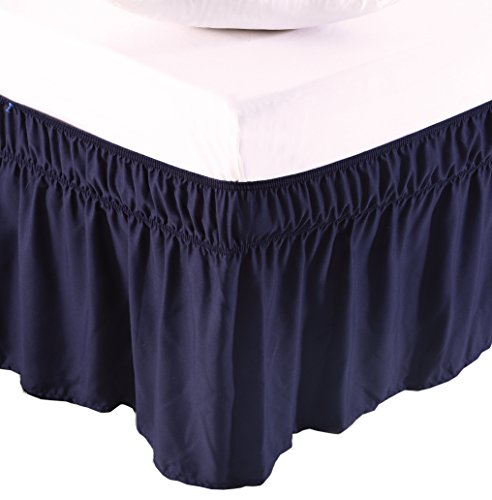 Book Cover MEILA Bed Skirt Three Fabric Sides Elastic Wrap Around Dust Ruffled Solid Bed Skirts Easy On/Easy Off 16 Inch Tailored Drop, Navy Blue, Queen/King
